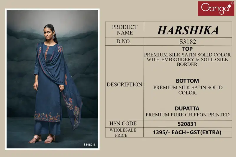 Harshika 3182 By Ganga Cotton Silk Satin Dress Material Exporters In India